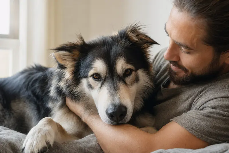 Nahaufnahme eines freundlichen Alaskan Indian Dog mit aufmerksamem Blick in sanftem Licht.